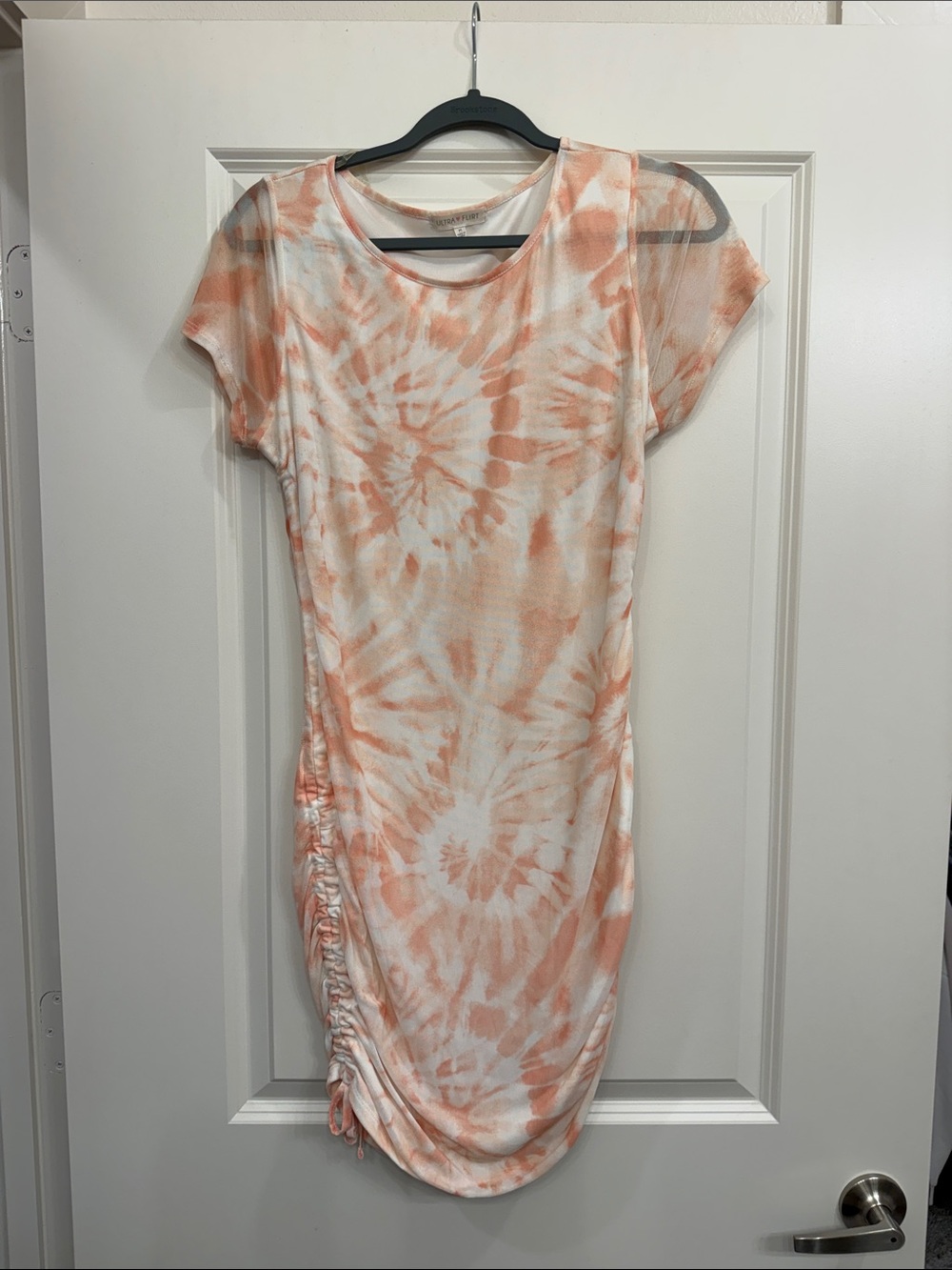 Ultra Flirt Peach Tie-Dye Ruched Midi Dress